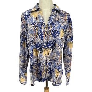 Acorn Womens Coral Reef Print Button Up Shirt XL Blue Multi Color Long‎ Sleeve